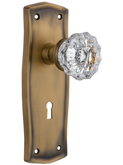 Prairie Style Door Set with Fluted Crystal Door Knobs in Antique Brass.